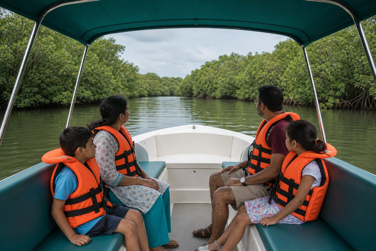 A family in life jackets on a mangrove boat — generated stand-in until a Saailors Voyage shot is used.