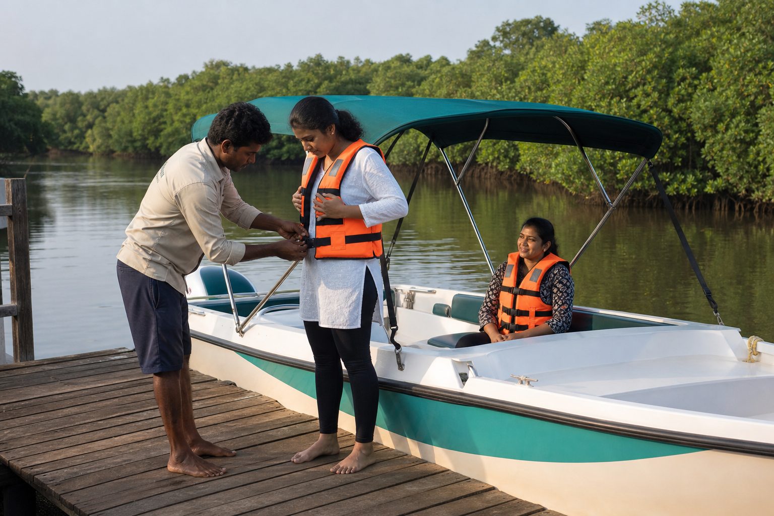 A first-time guest being fitted with a life jacket at the dock — generated stand-in until a Saailors Voyage shot is used.