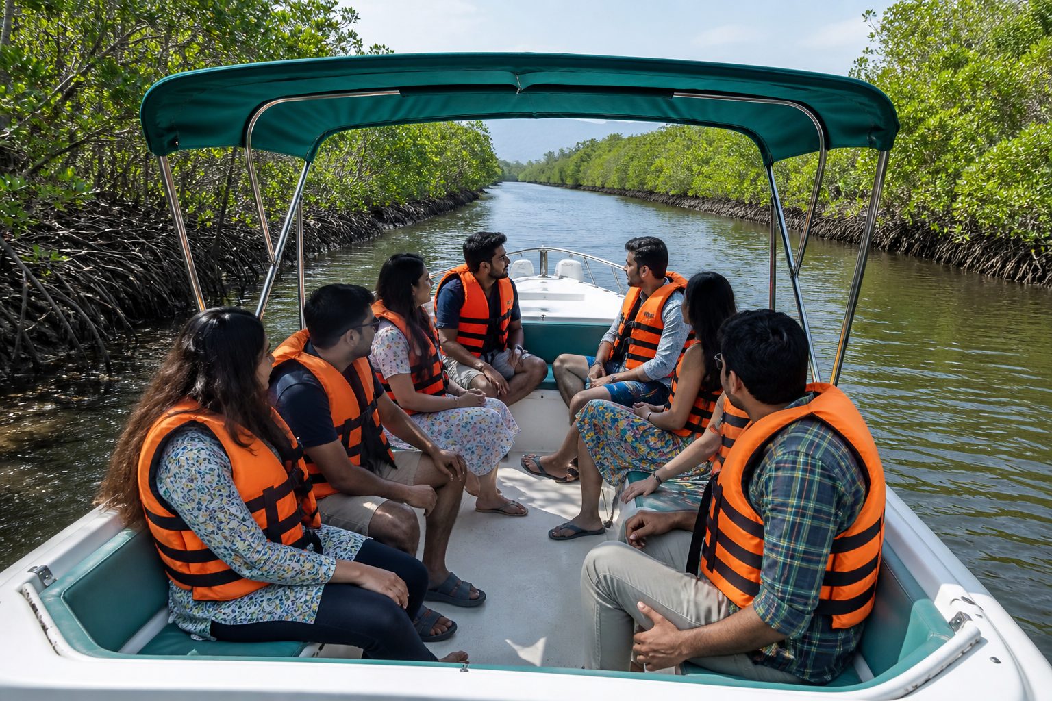 Friends in life jackets on a mangrove boat — generated stand-in until a Saailors Voyage shot is used.